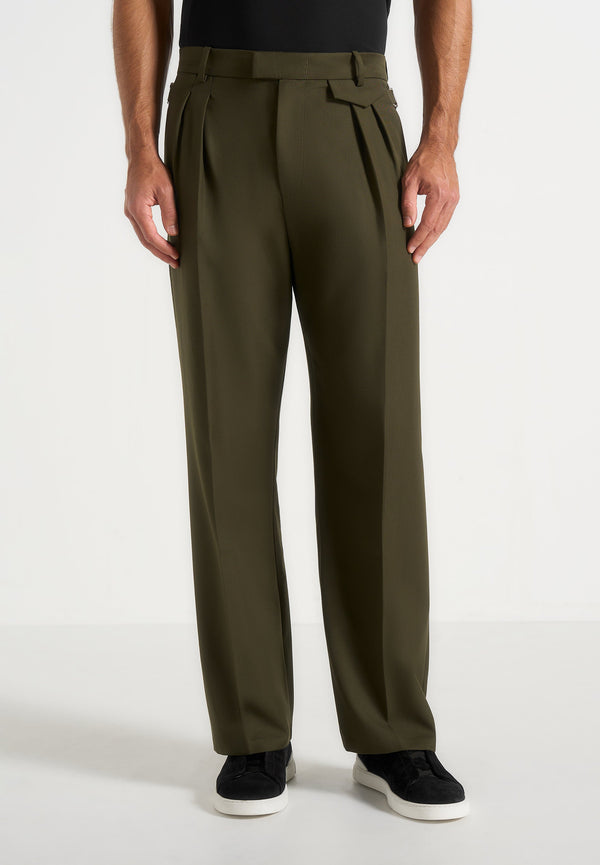 Pierre - Relaxed Fit Pleated Tailored Trousers - Olive