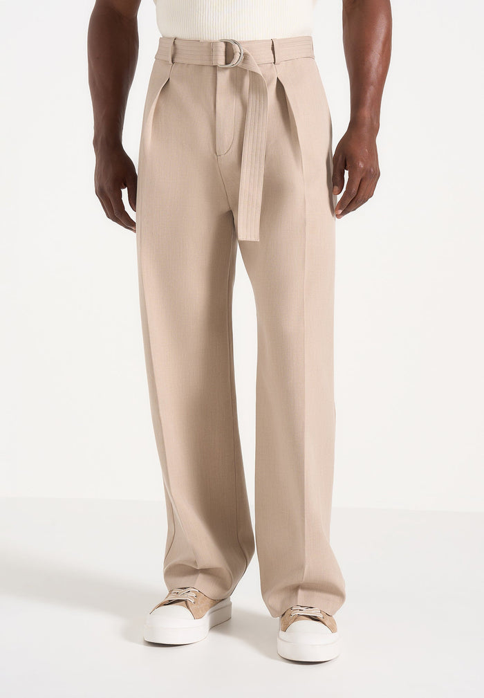 Loic - Wide Leg Tailored Pants With Belt - Beige