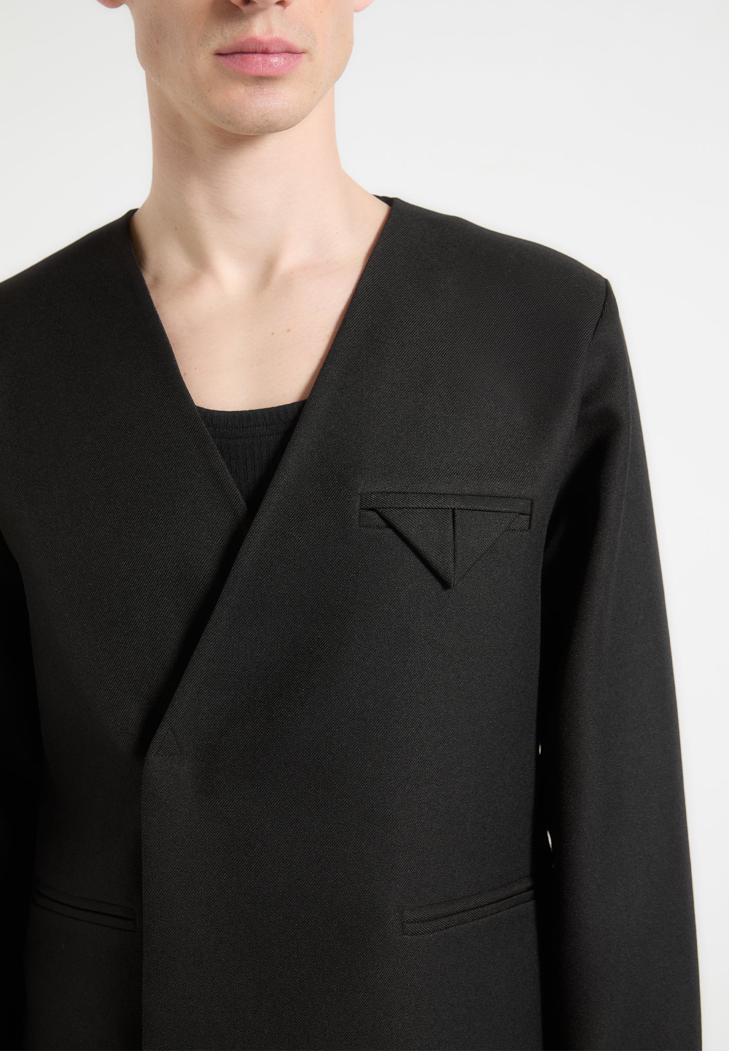 Colin - Collarless Double Breasted Minimal Blazer - Black