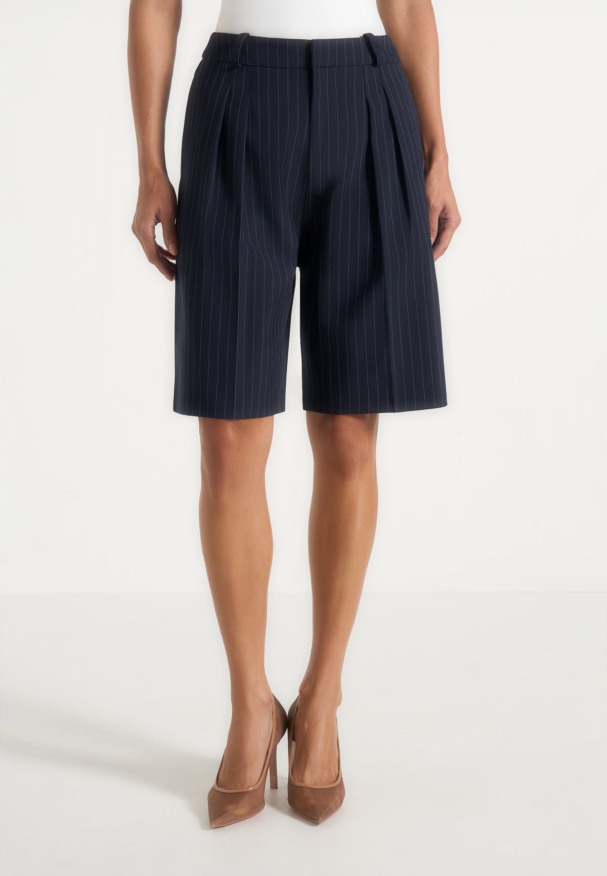 Lorette - Pinstripe Twin Pleat Tailored Shorts - Navy