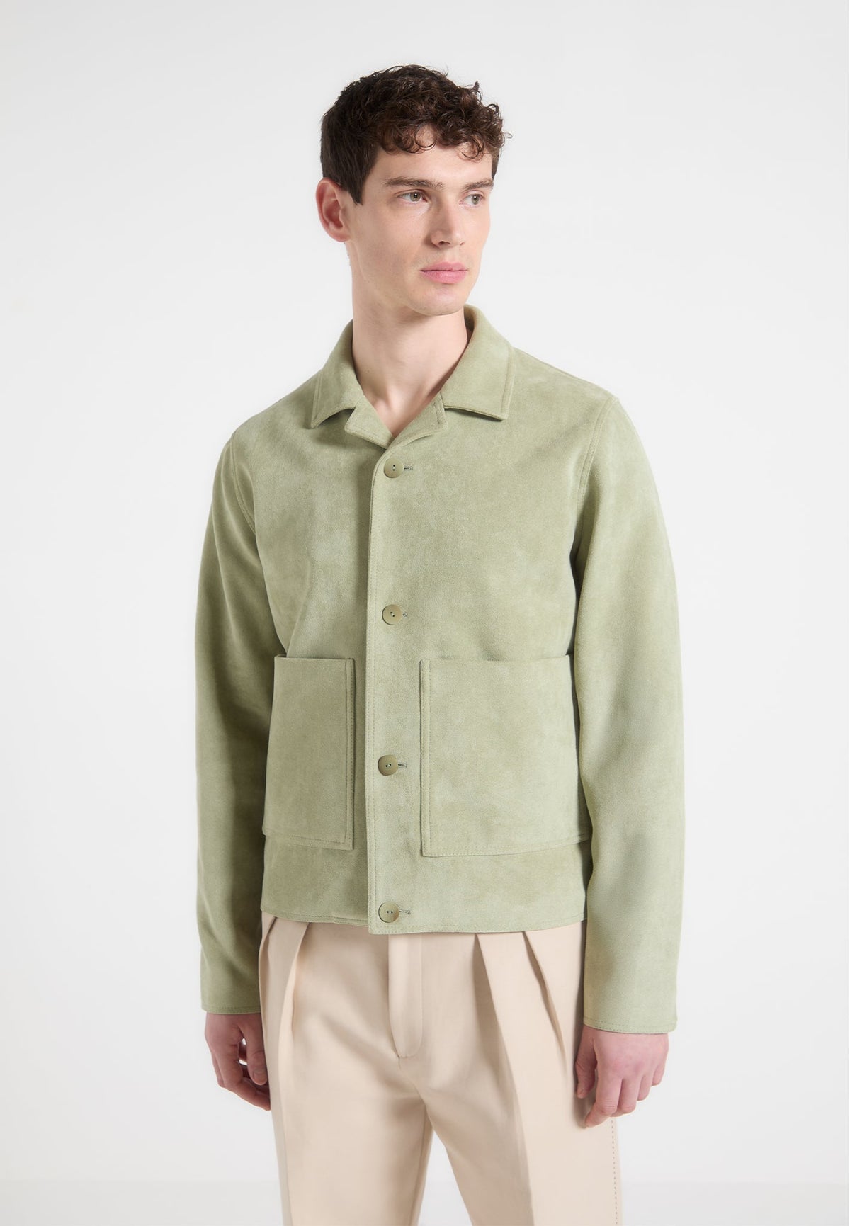Michel - Suede Jacket with Revere Collar - Sage