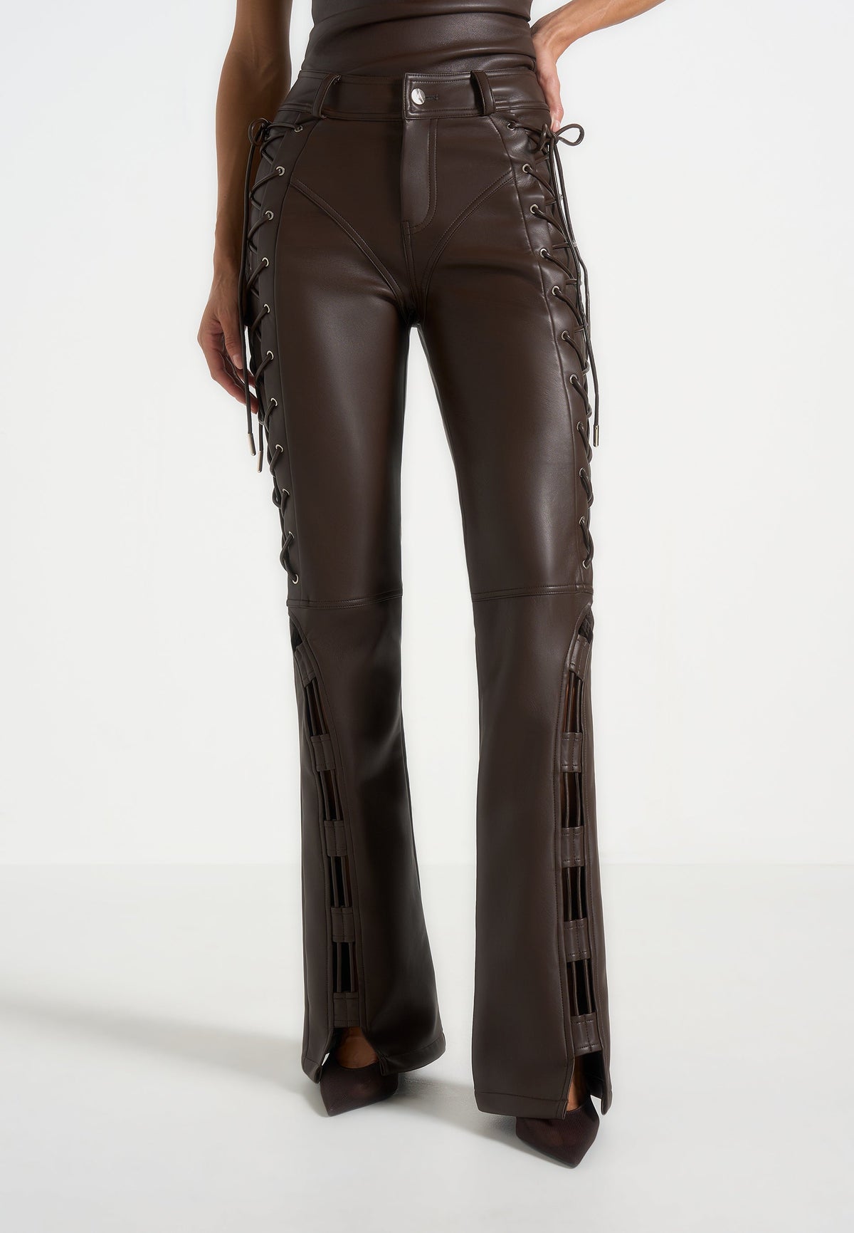 ambre-leather-lace-up-flared-trousers-brown