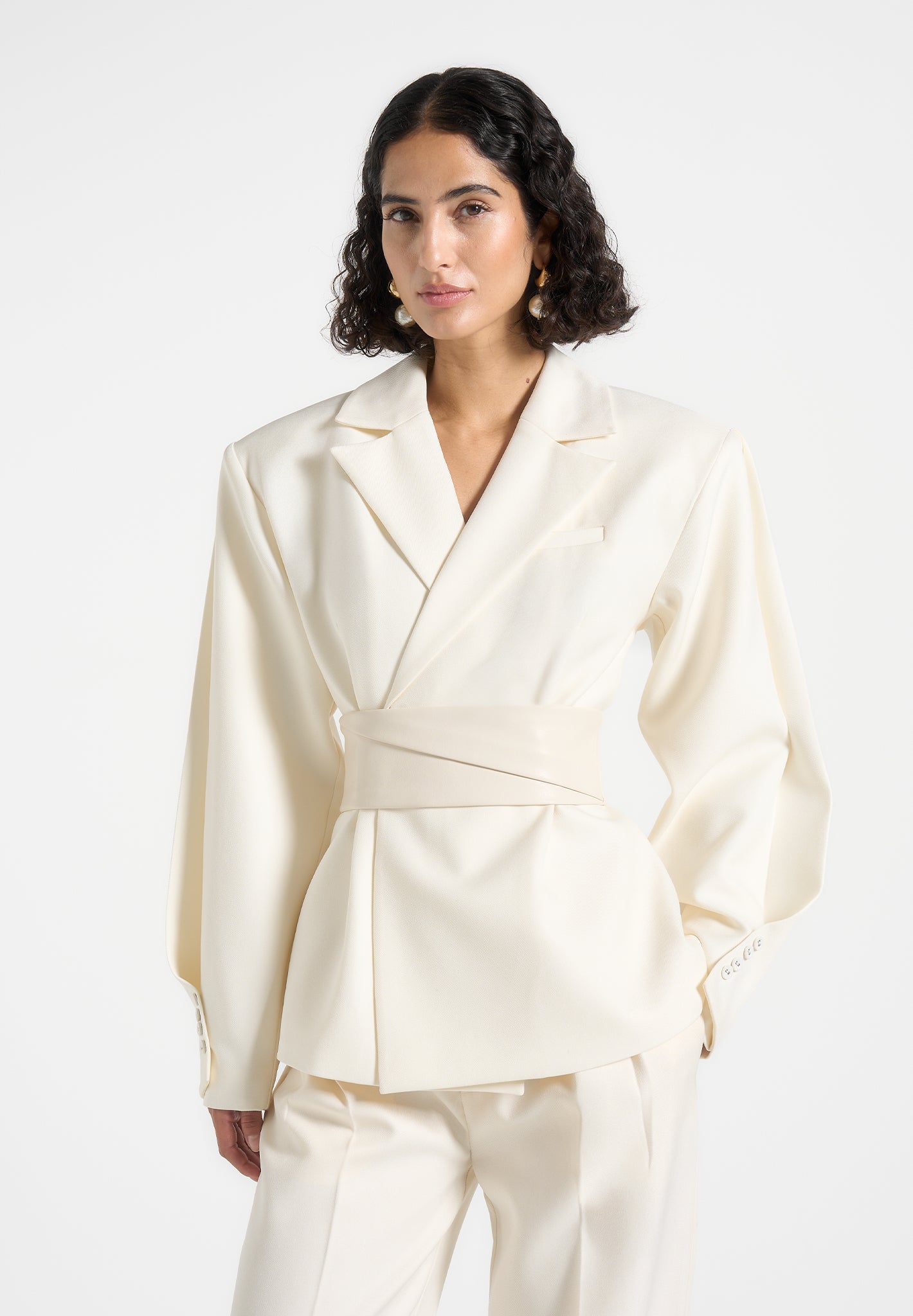 Marie - Twist Sleeve Tailored Blazer with Belt - Off White