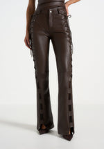 Ambre - Leather Lace Up Flared Pants - Brown