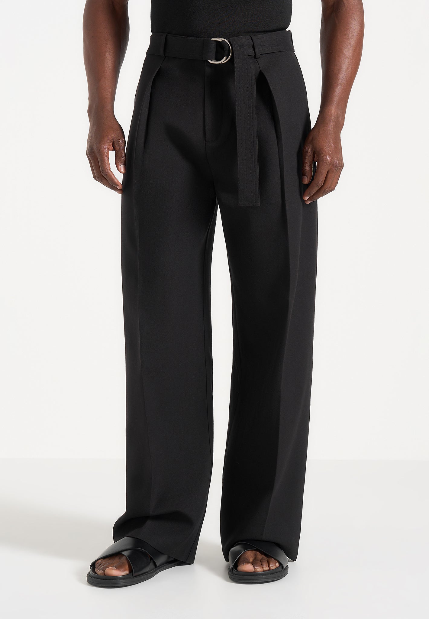 Loic - Wide Leg Tailored Pants With Belt - Black 