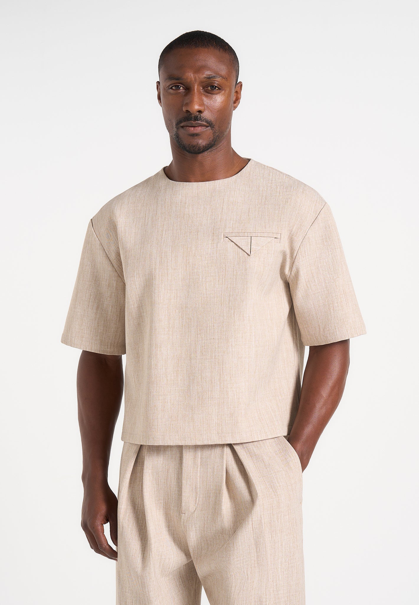 Leon - Boxy Cropped Hatched T-Shirt - Beige 