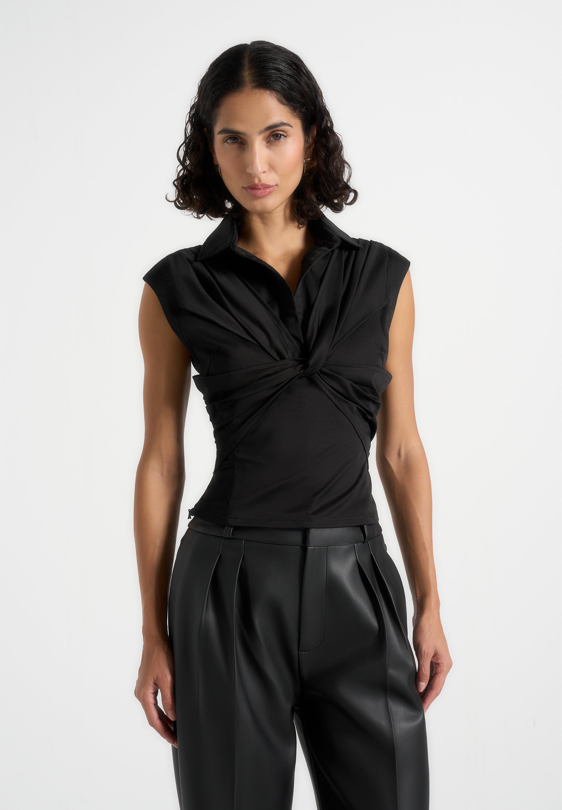 Yvette - Twist Front Sleeveless Shirt - Black 