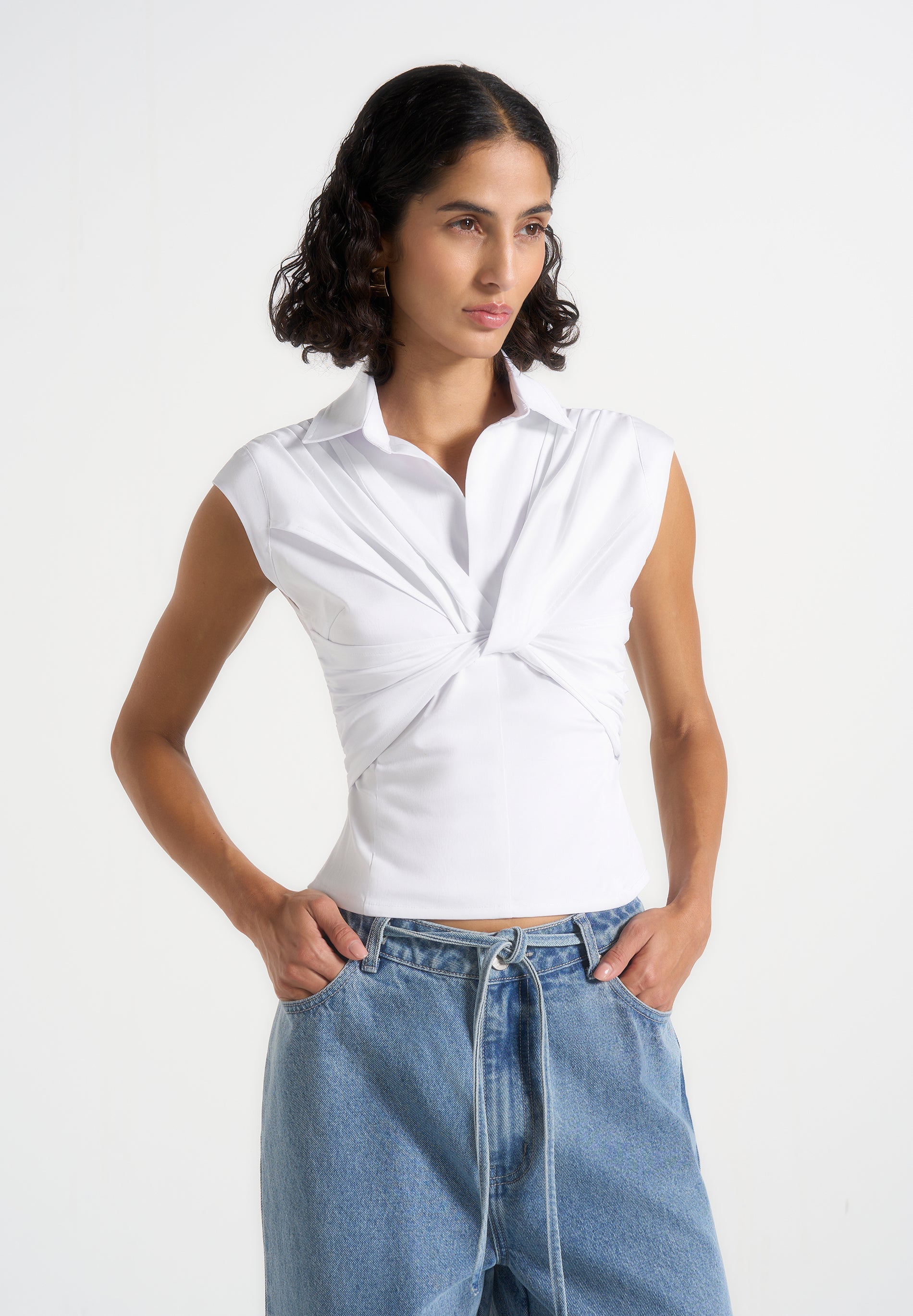 Yvette - Twist Front Sleeveless Shirt - White 