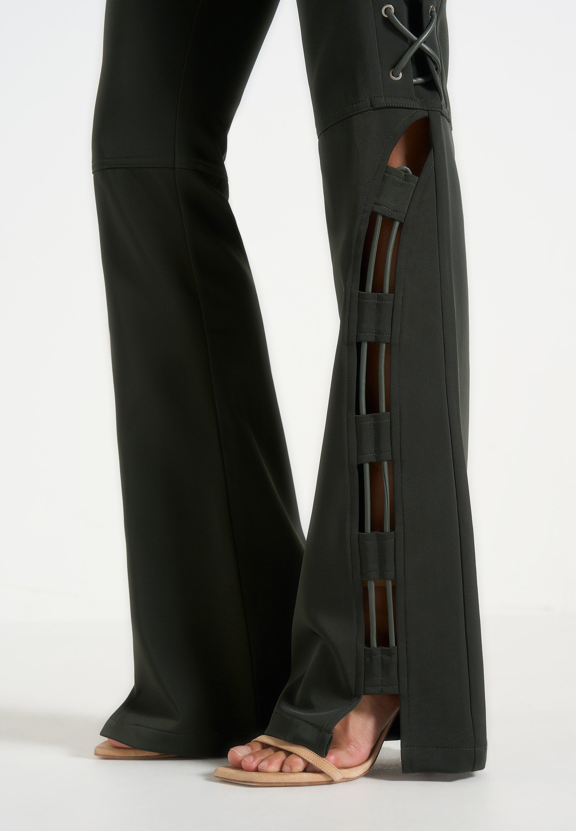 Ambre - Drill Lace Up Flared Pants - Olive