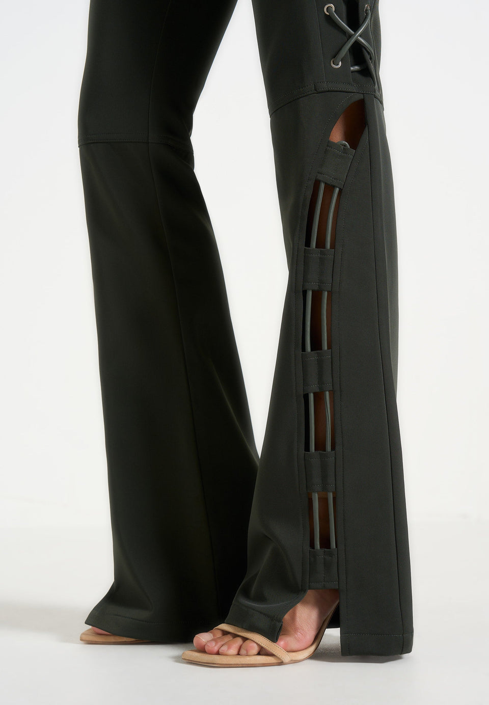 Ambre - Drill Lace Up Flared Pants - Olive
