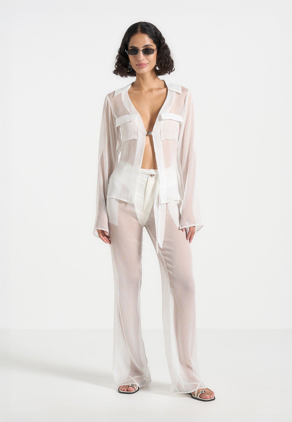 Sheer Belted Pants - White