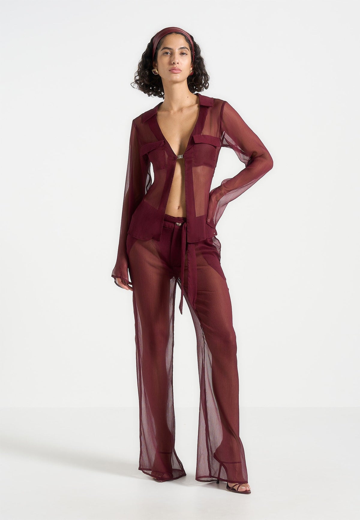 Sheer Belted Pants - Wine Red