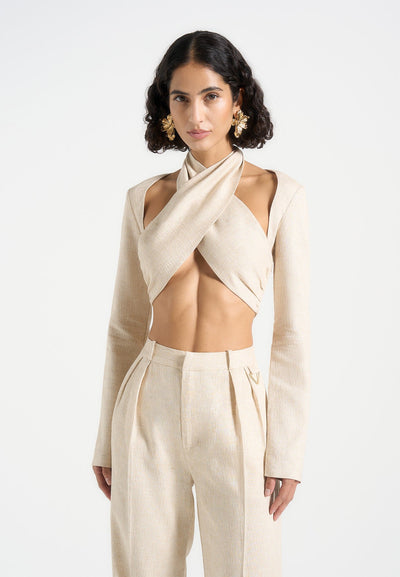 Wendy - Linen Crossover Bolero Top - Natural