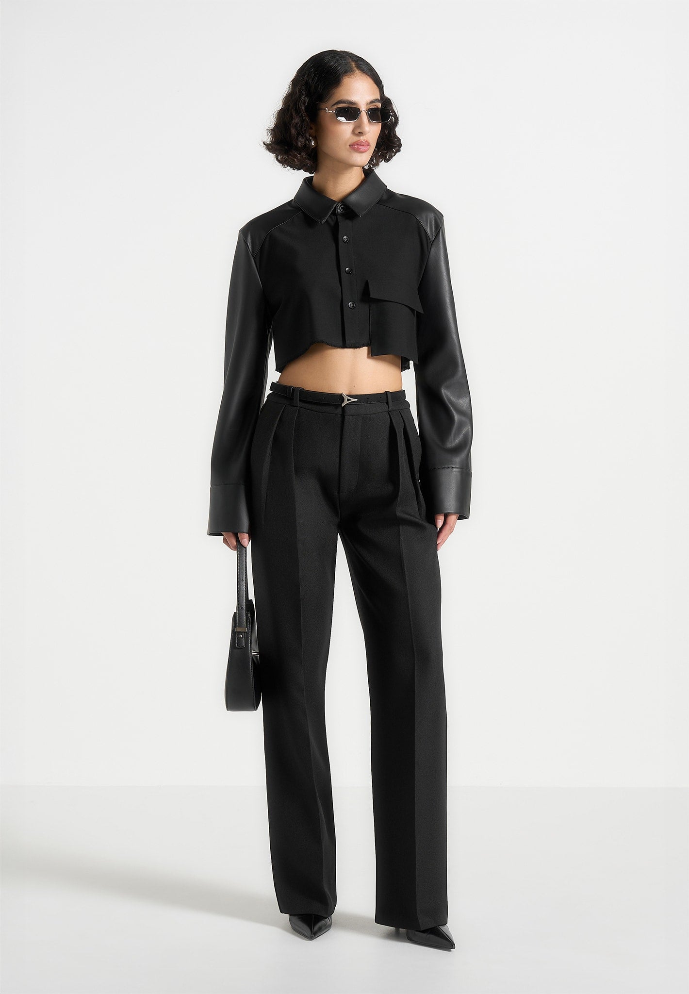 Bernadette - Leather Contrast Cropped Shirt - Black