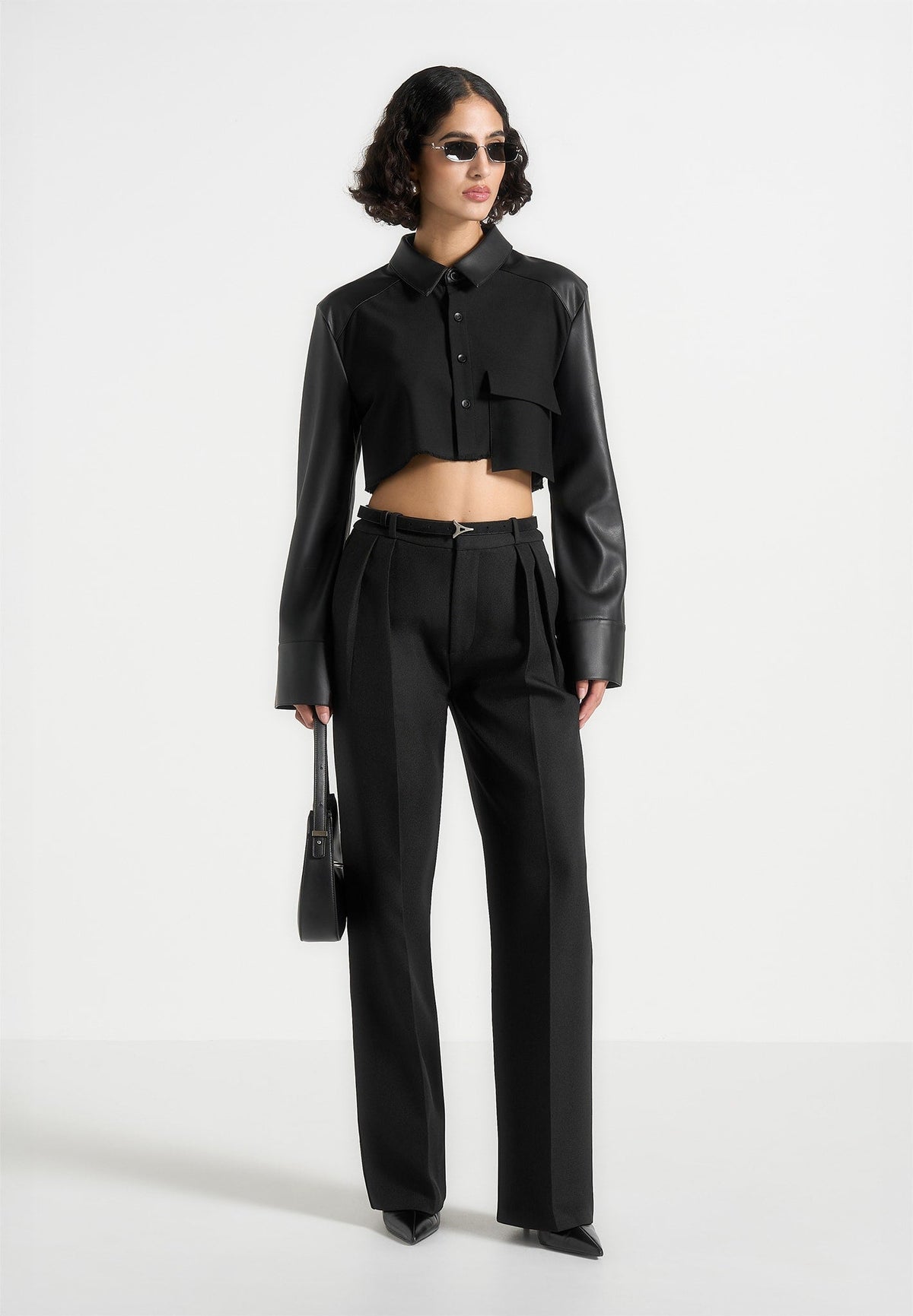 Bernadette - Leather Contrast Cropped Shirt - Black
