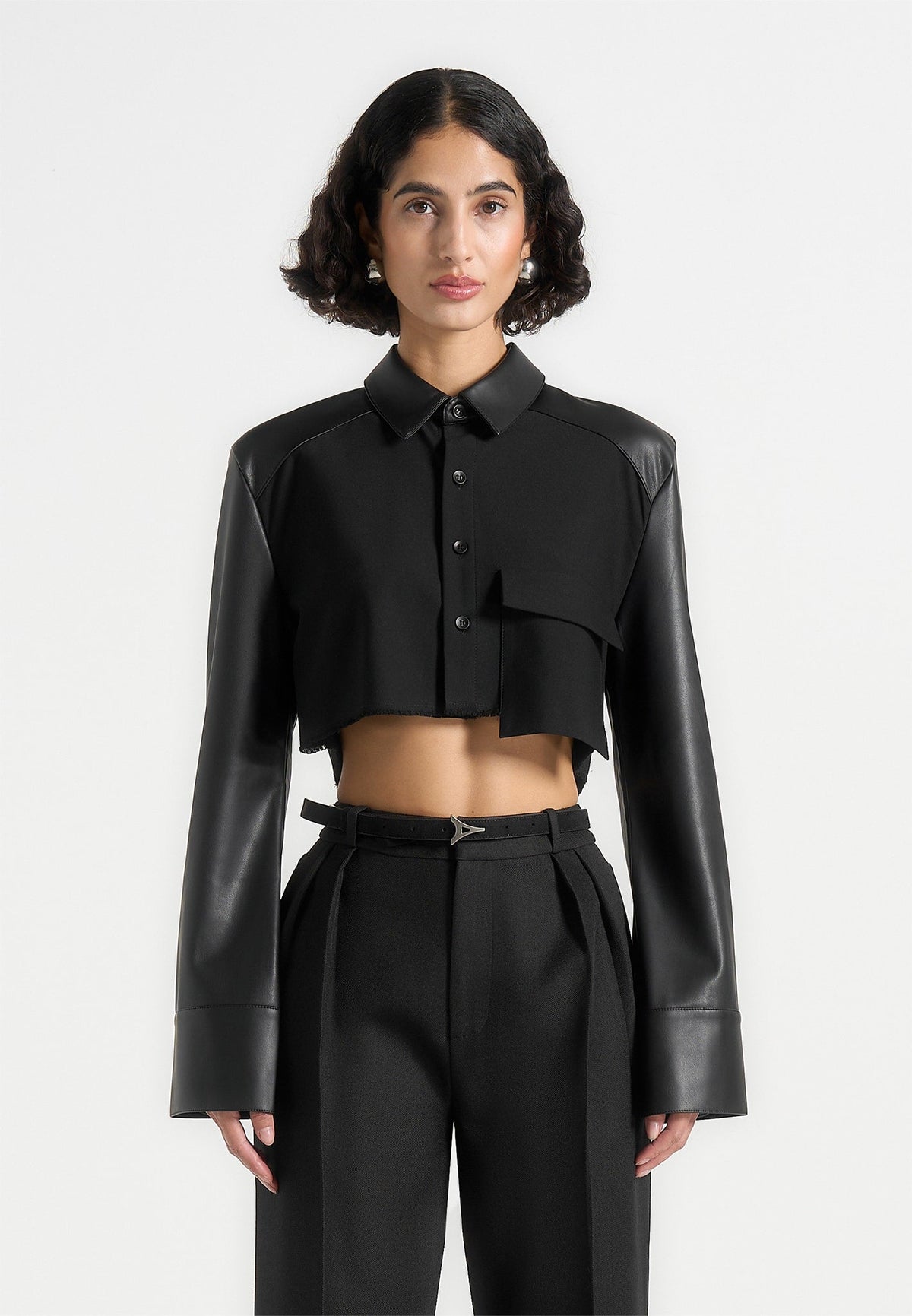 bernadette-leather-contrast-cropped-shirt-black