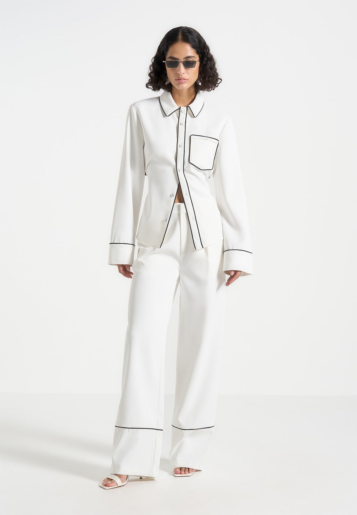 Mina - Contrast Piped Pleated Pants - White/Black