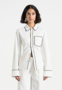 Contrast Piped Backless Tie Shirt - White/Black