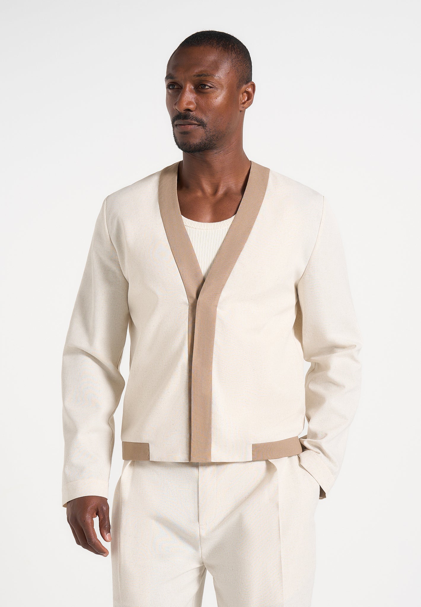 Clovis - Linen Cardigan With Contrast Placket - Natural 