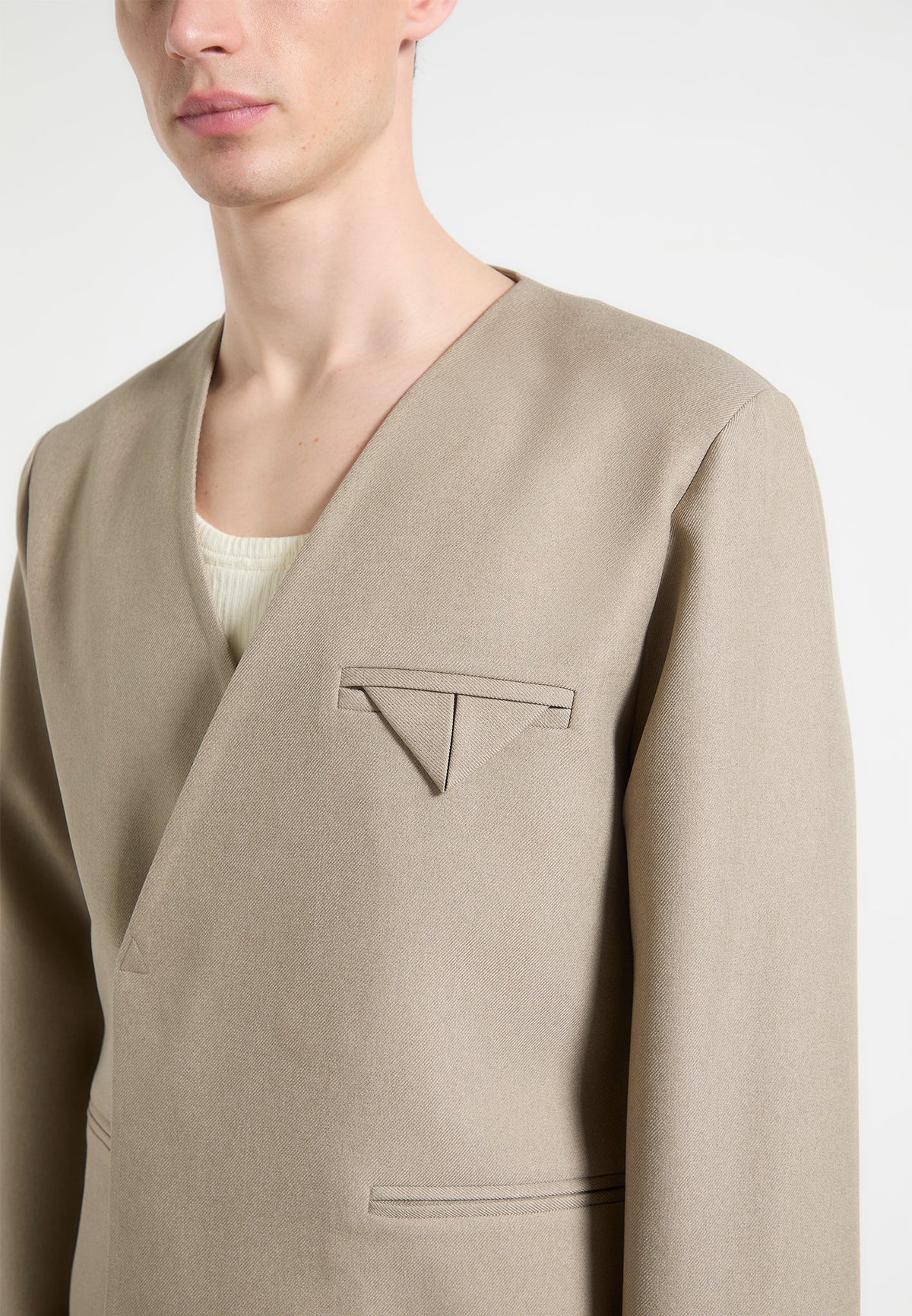 Colin - Collarless Double Breasted Minimal Blazer - Beige