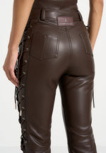 Ambre - Leather Lace Up Flared Pants - Brown