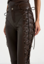Ambre - Leather Lace Up Flared Pants - Brown