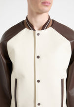 Contrast Leather Bomber Jacket - Cream/Brown