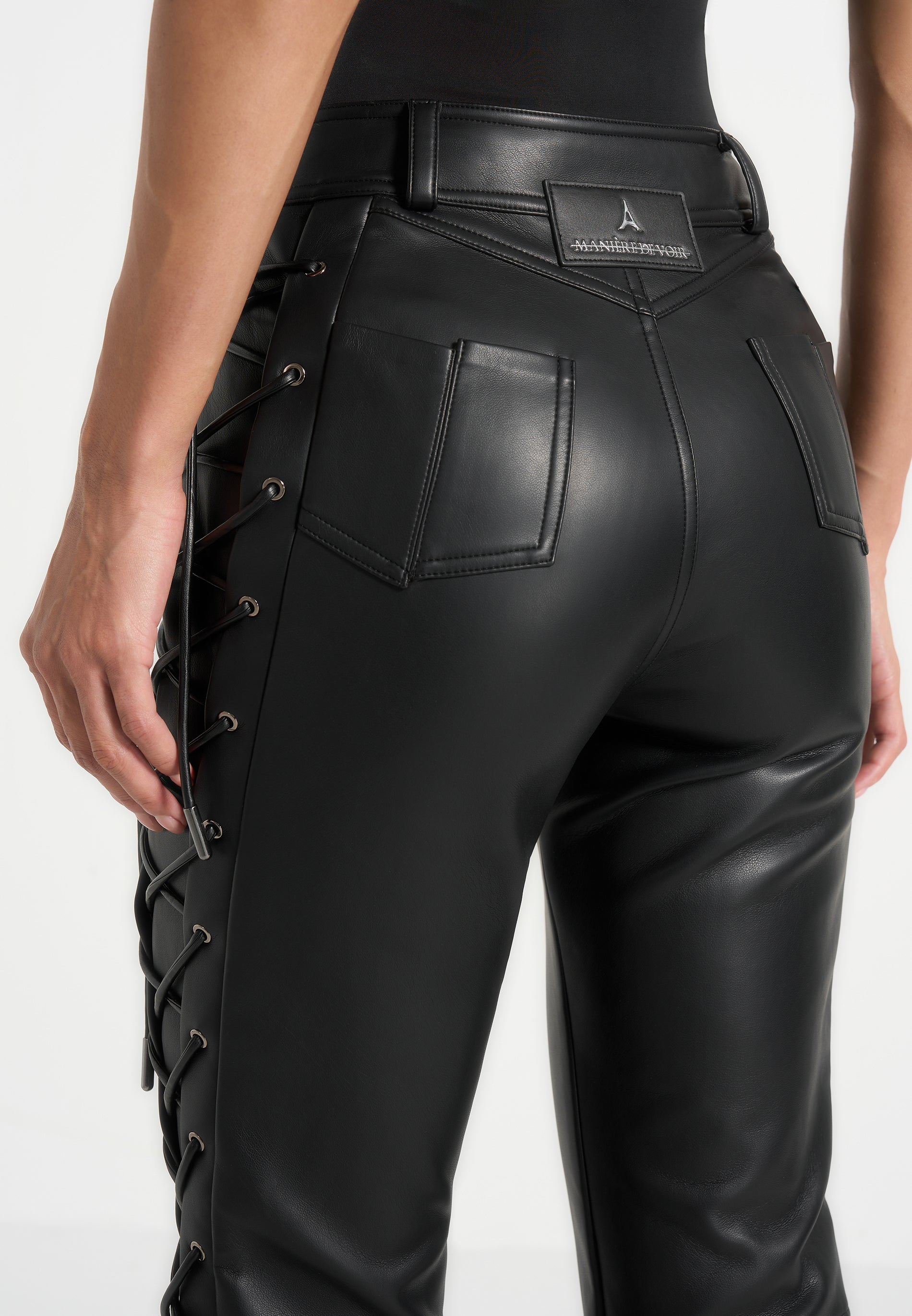 Ambre - Leather Lace Up Flared Pants - Black