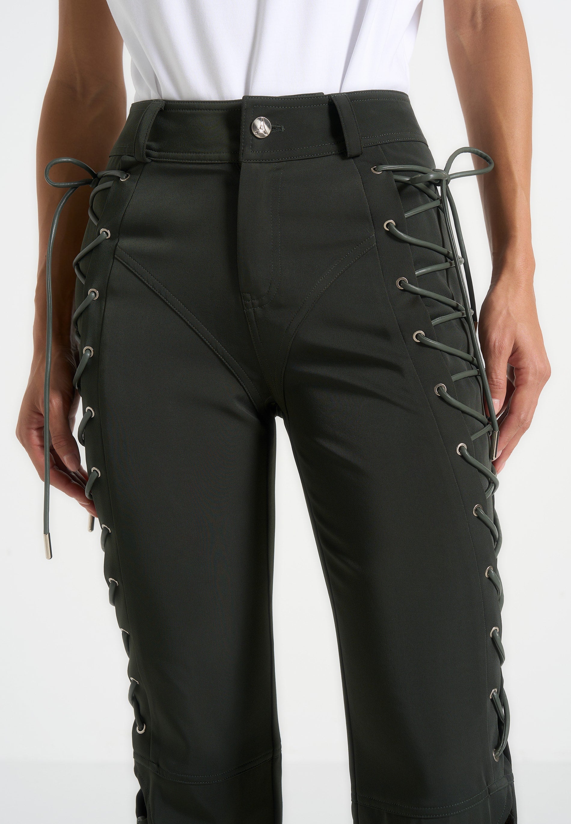 Ambre - Drill Lace Up Flared Pants - Olive