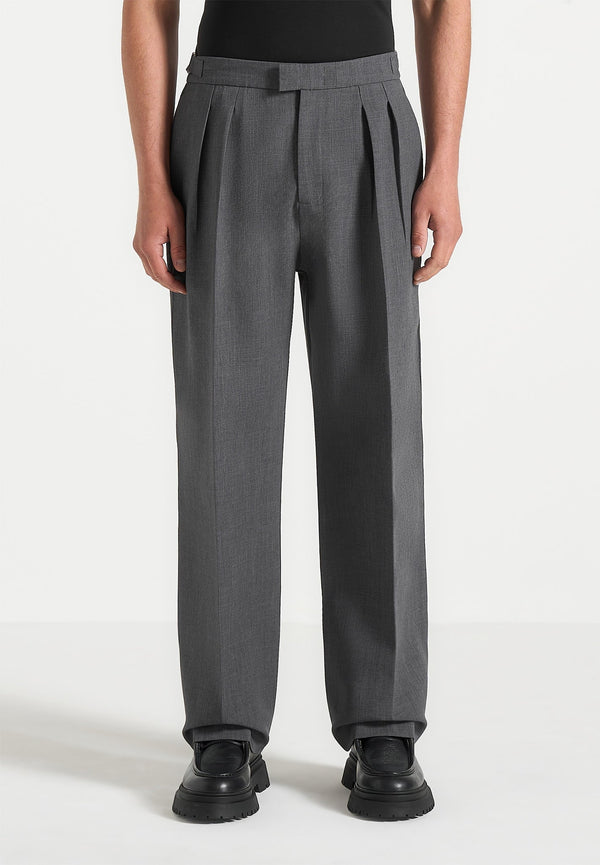 Pierre - Relaxed Fit Hatched Pleated Tailored Trousers - Dark Grey