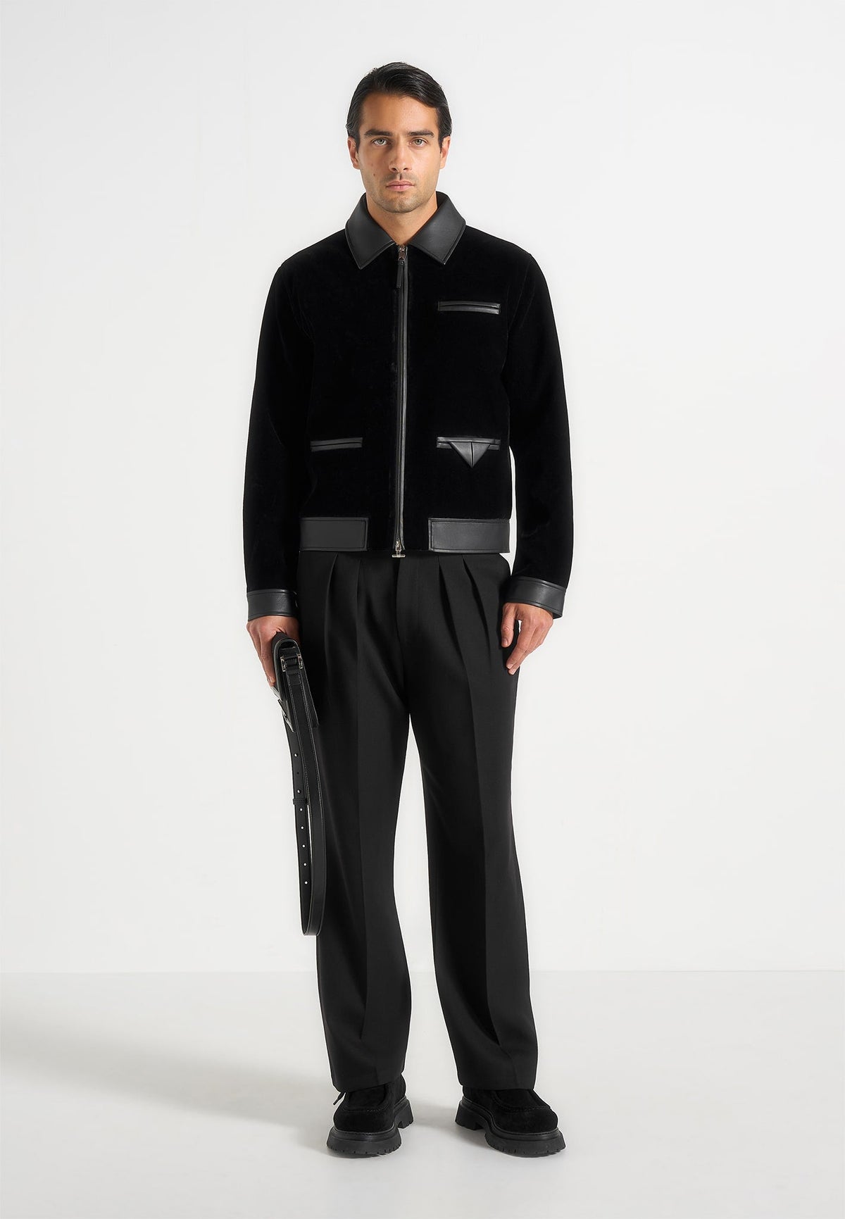 Tony - Velvet & Leather Contrast Jacket - Black