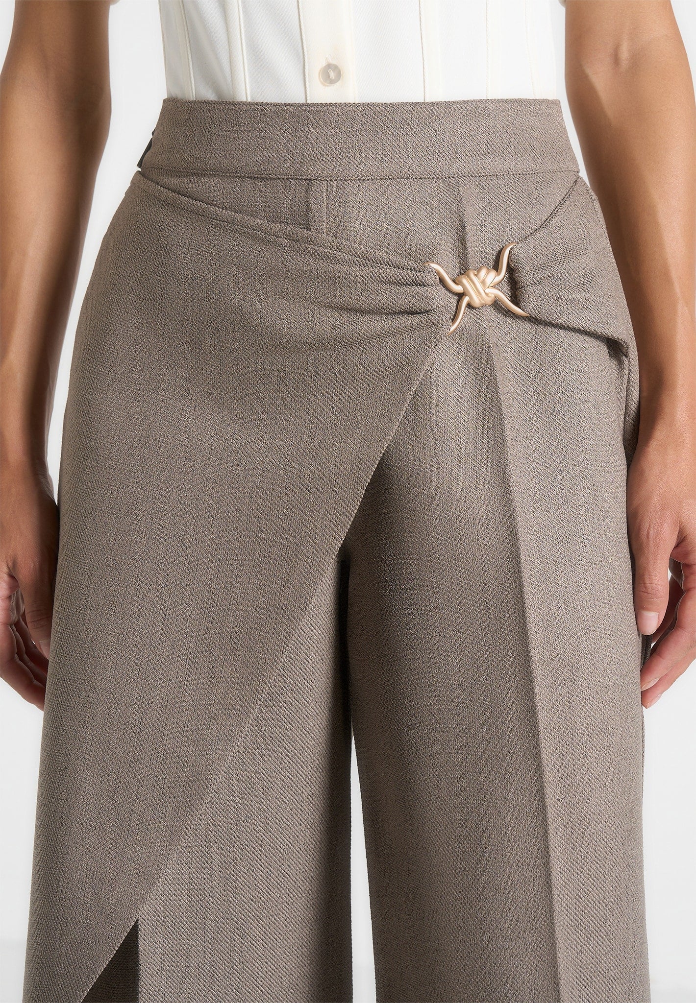 Beryl - Wrap Tailored Pants With Hardware Detail - Taupe