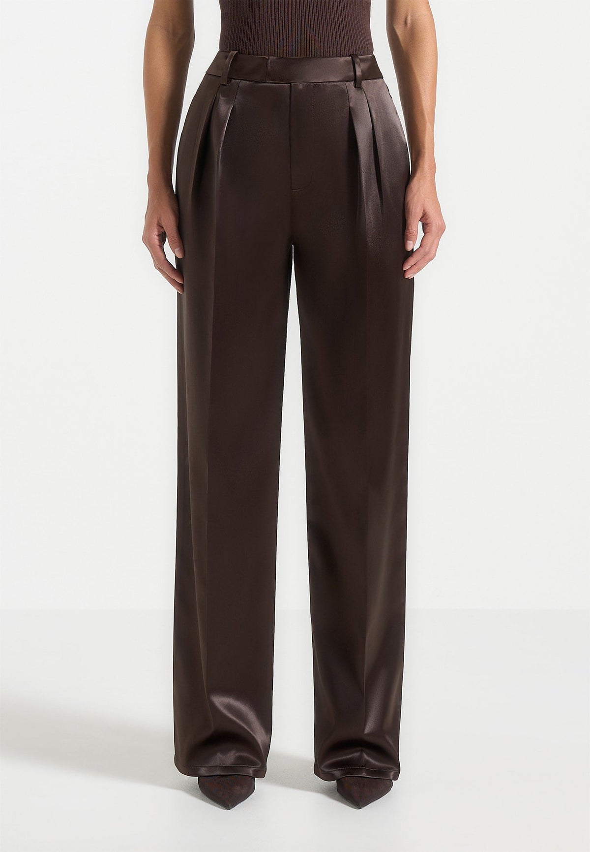 Julie - Satin Tailored Twin Pleat Pants - Brown