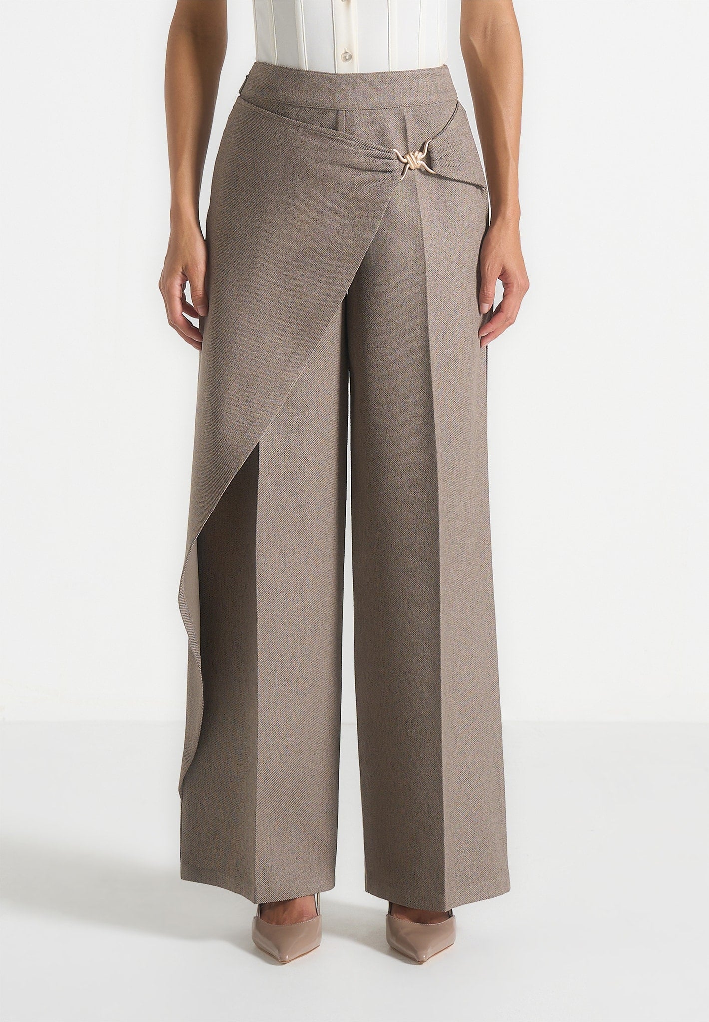 Beryl - Wrap Tailored Pants With Hardware Detail - Taupe