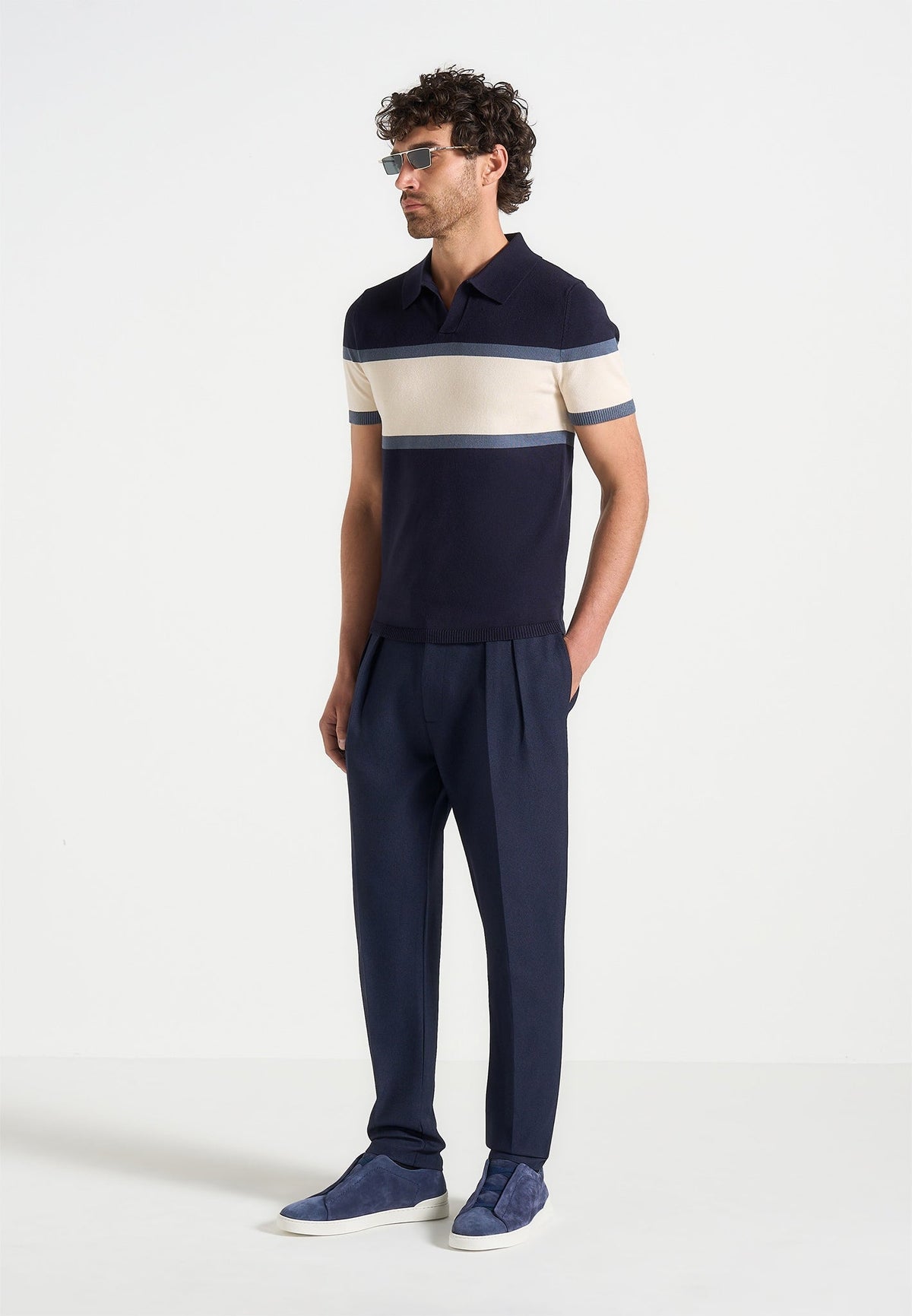E⁠nzo - Colour Block Polo Top - Navy