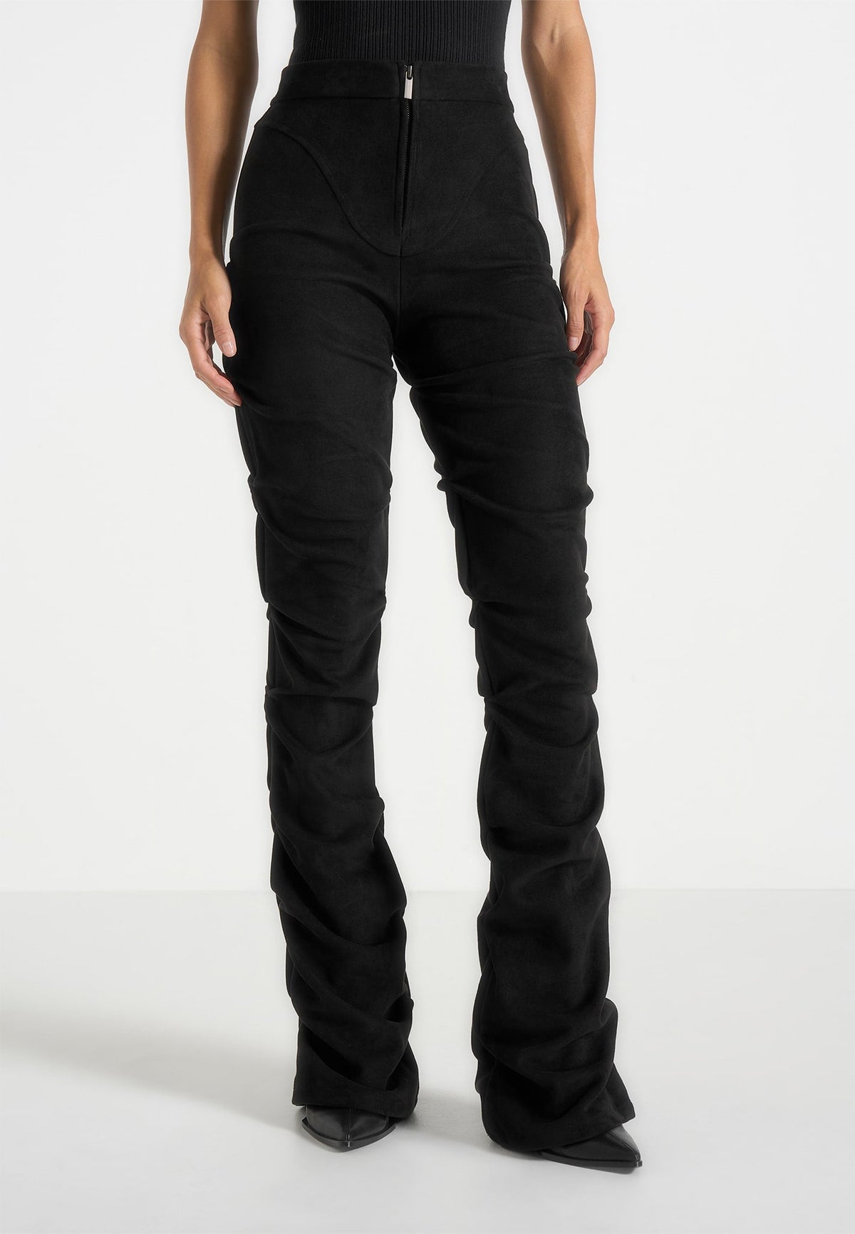 Caroline - Tacked Suede Fit & Flare Pants - Black