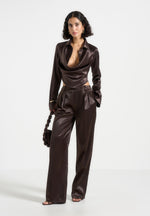 Satia - Satin Cowl Shirt with Chain Detail - Brown