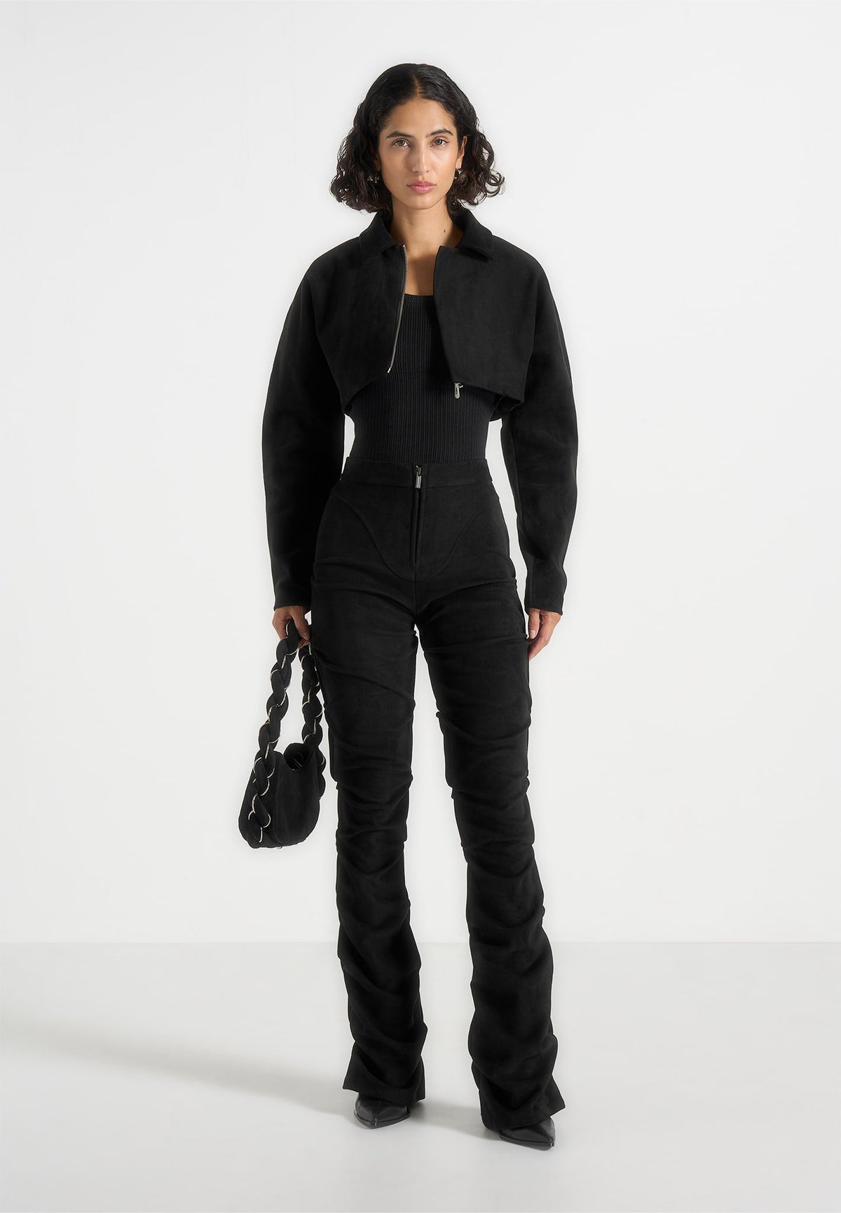 Caroline - Tacked Suede Fit & Flare Pants - Black