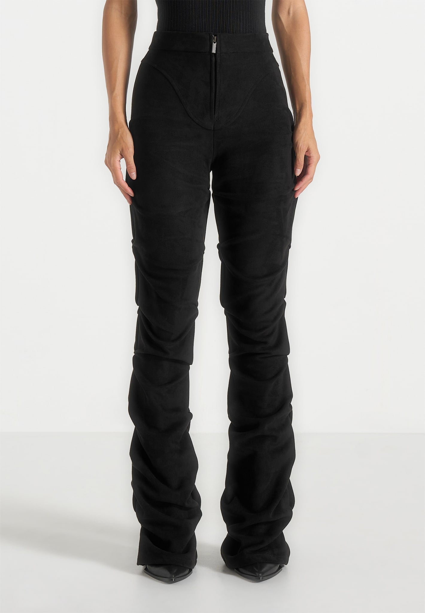 Caroline - Tacked Suede Fit & Flare Pants - Black