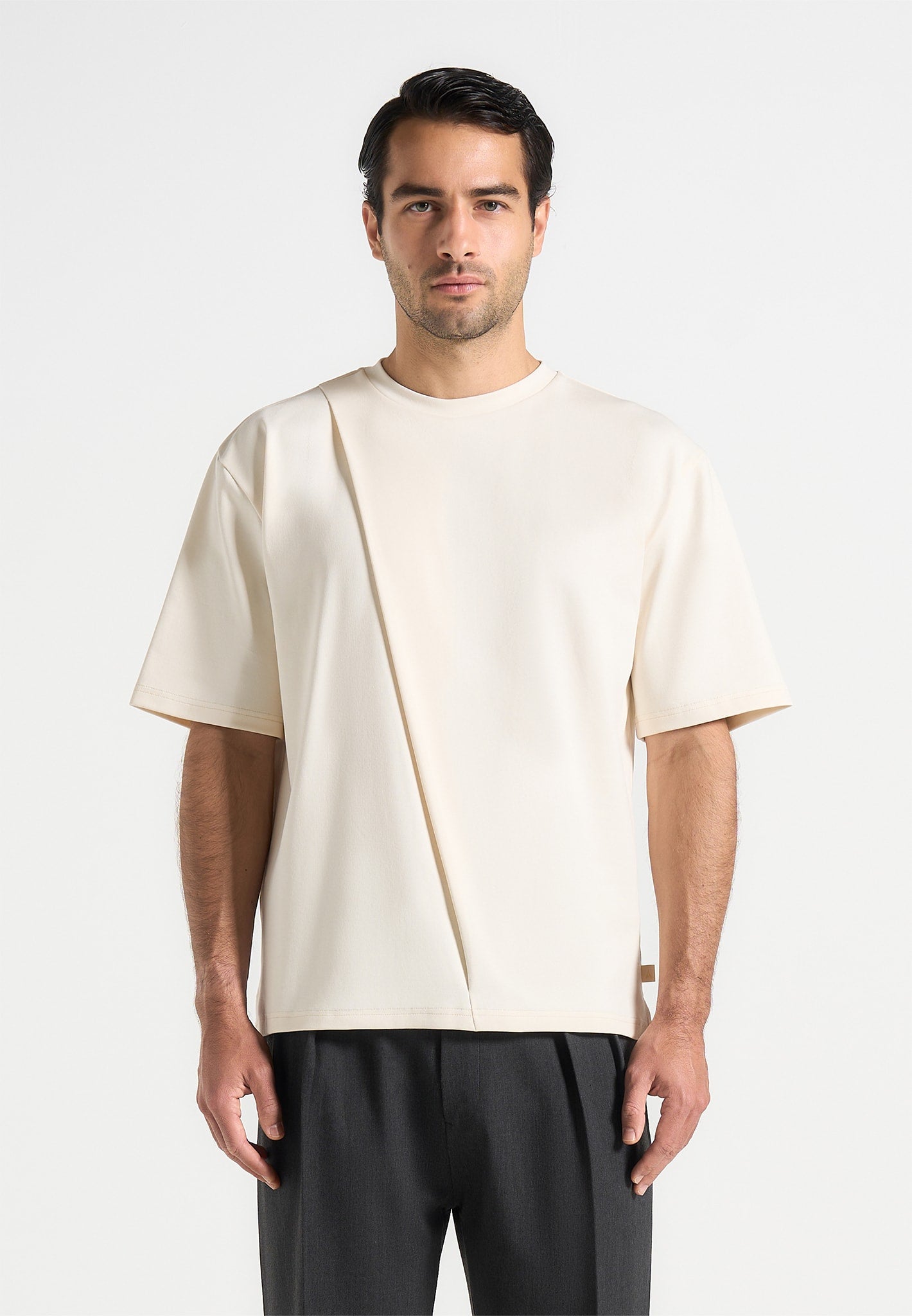 Hugo - Relaxed Fit Cotton T-Shirt With Pleat - Cream