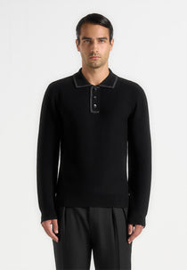 Aymeric - Whipstitch Detail Long Sleeve Knit Polo Shirt - Black