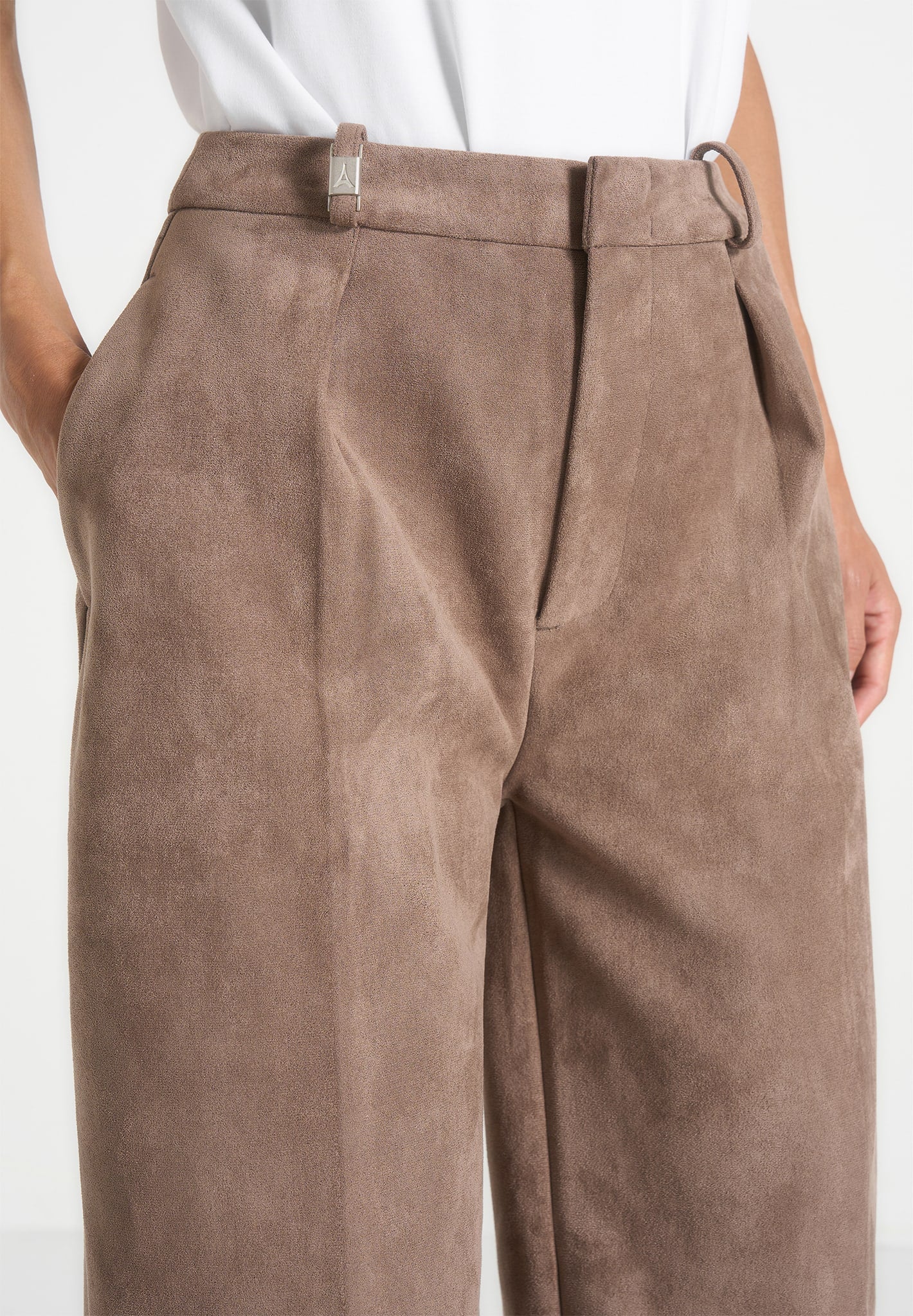 Solene - Suede Wide Leg Pleated Pants - Taupe