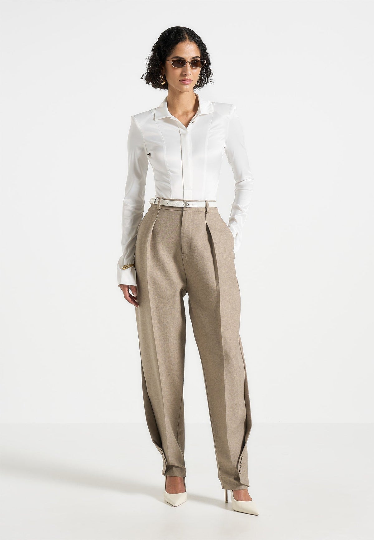 Louise - Wide Shoulder Satin Shirt Bodysuit - White