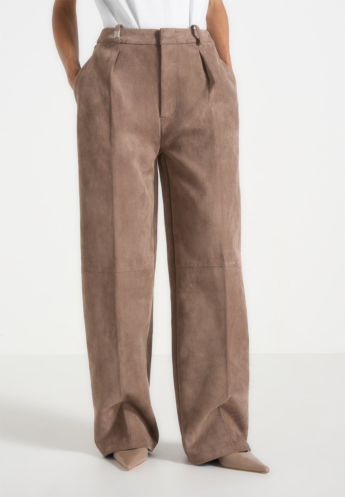 Solene - Suede Wide Leg Pleated Pants - Taupe