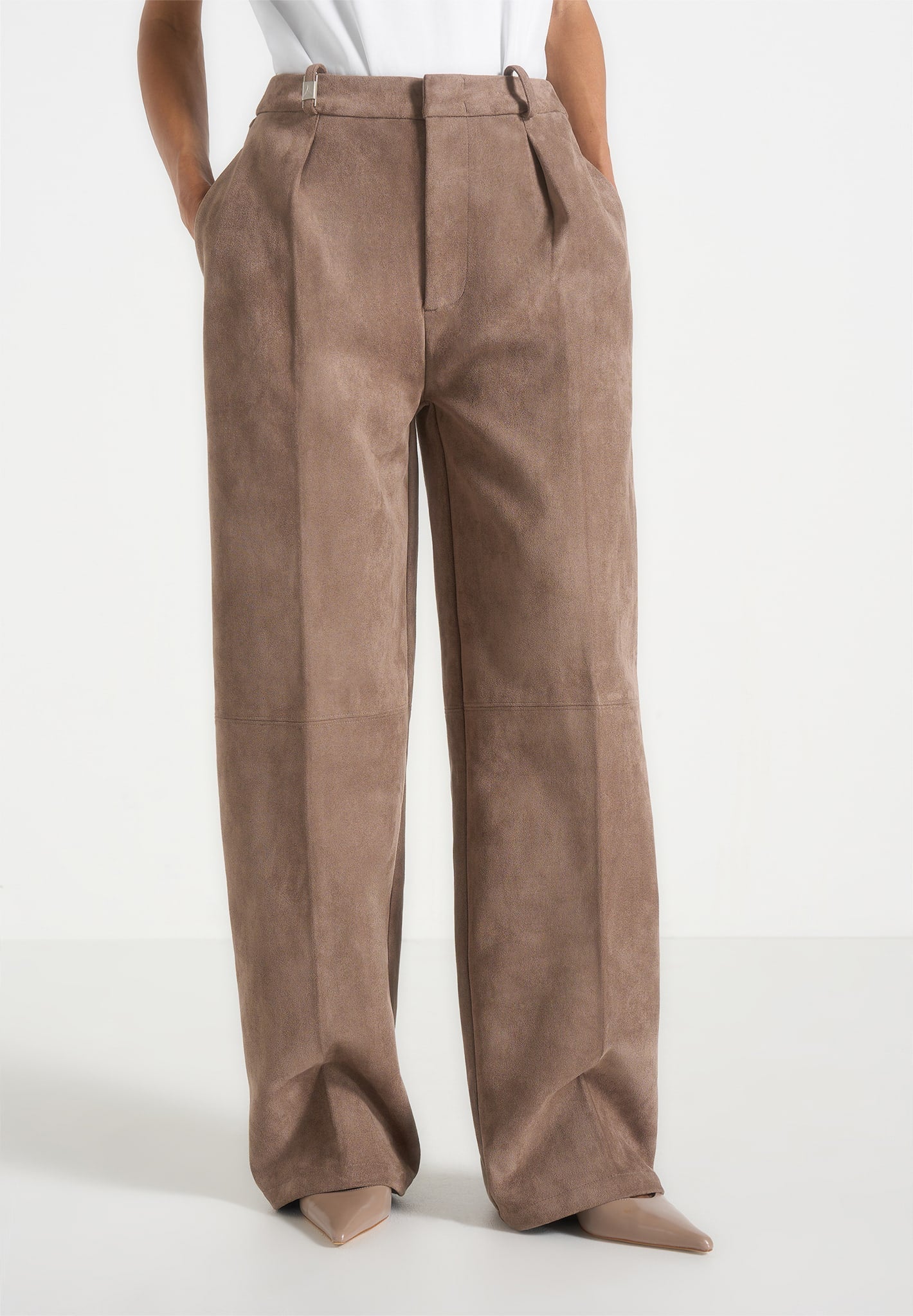 Solene - Suede Wide Leg Pleated Pants - Taupe