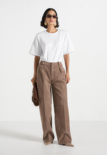Solene - Suede Wide Leg Pleated Pants - Taupe