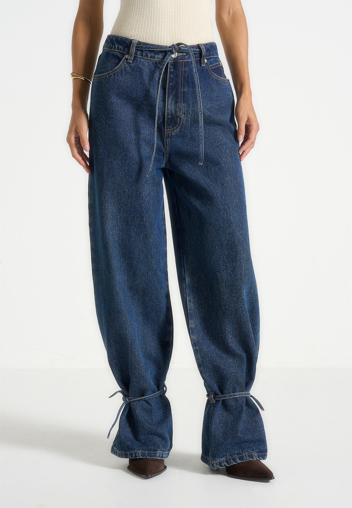 F⁠aye - Wide Mid Rise Jeans With Tie Waist - Indigo