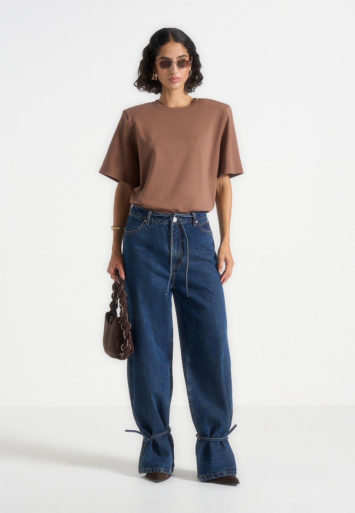 F⁠aye - Wide Mid Rise Jeans With Tie Waist - Indigo