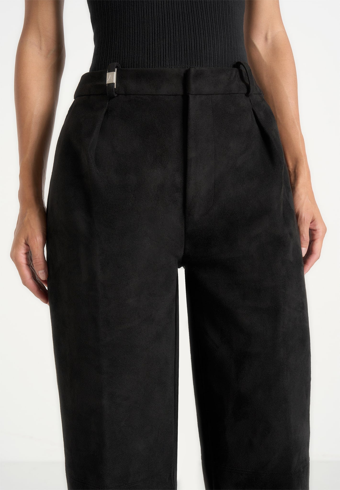 Solene - Suede Wide Leg Pleated Pants - Black