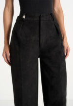 Solene - Suede Wide Leg Pleated Pants - Black